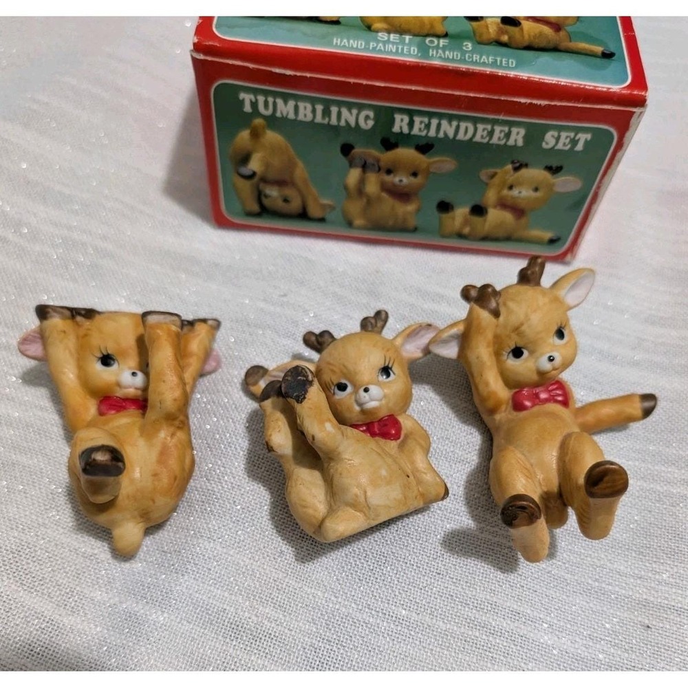 Vintage 1960s JSNY Tumbling Reindeer Set‎ of 3 Porcelain Bisque Figurines w/ Box